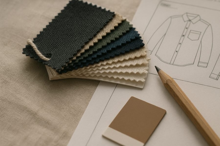 A tech pack, fabric swatch cards and a colour reference laid out on a design table