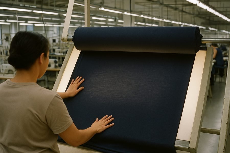 A roll of navy knit fabric being unrolled across a backlit inspection frame