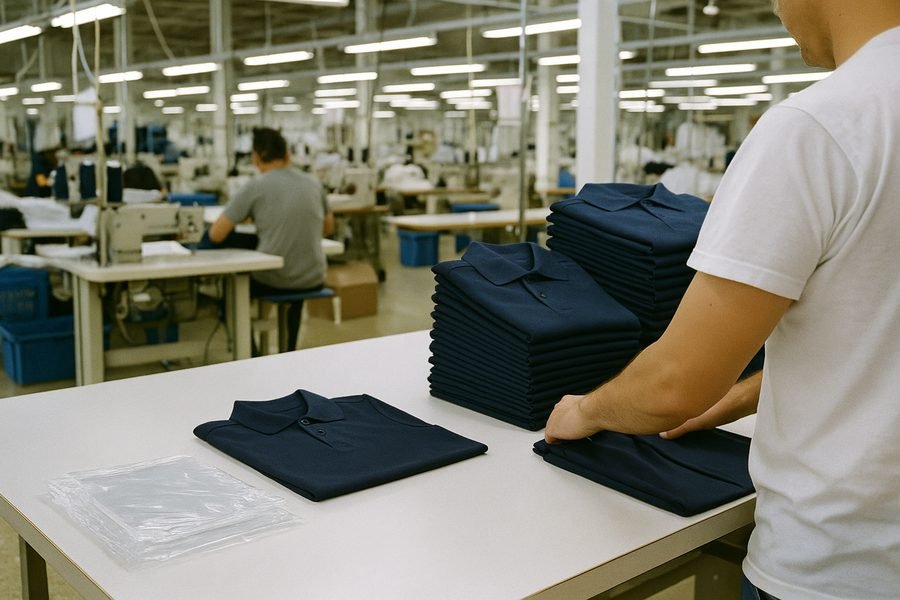 Finished polo shirts folded and stacked at a finishing table beside clear polybags
