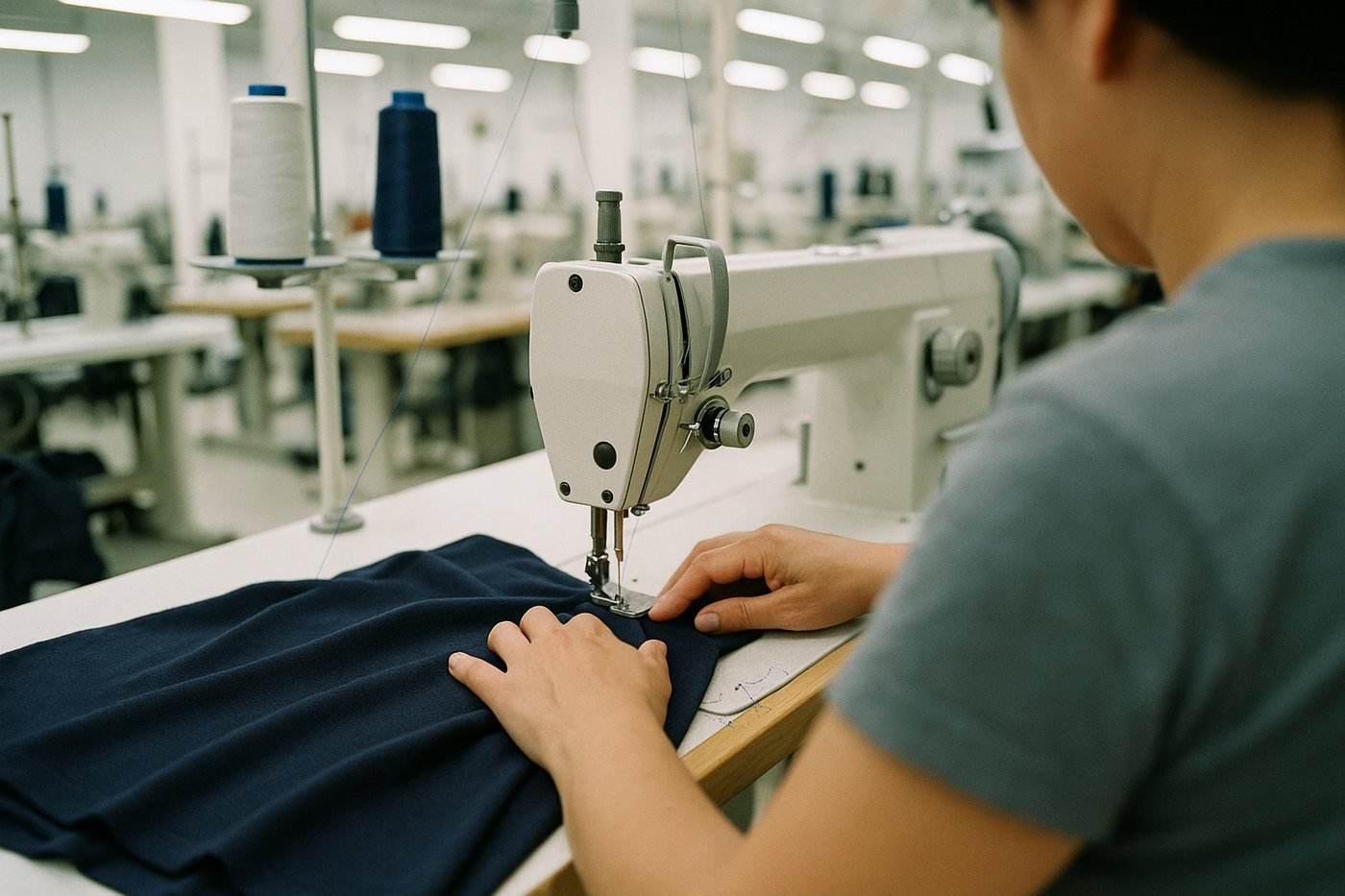 Navy jersey fabric guided under the presser foot of an industrial sewing machine