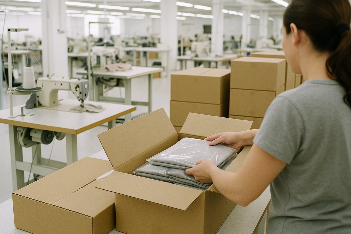 Folded garments in clear polybags being packed into plain export cartons