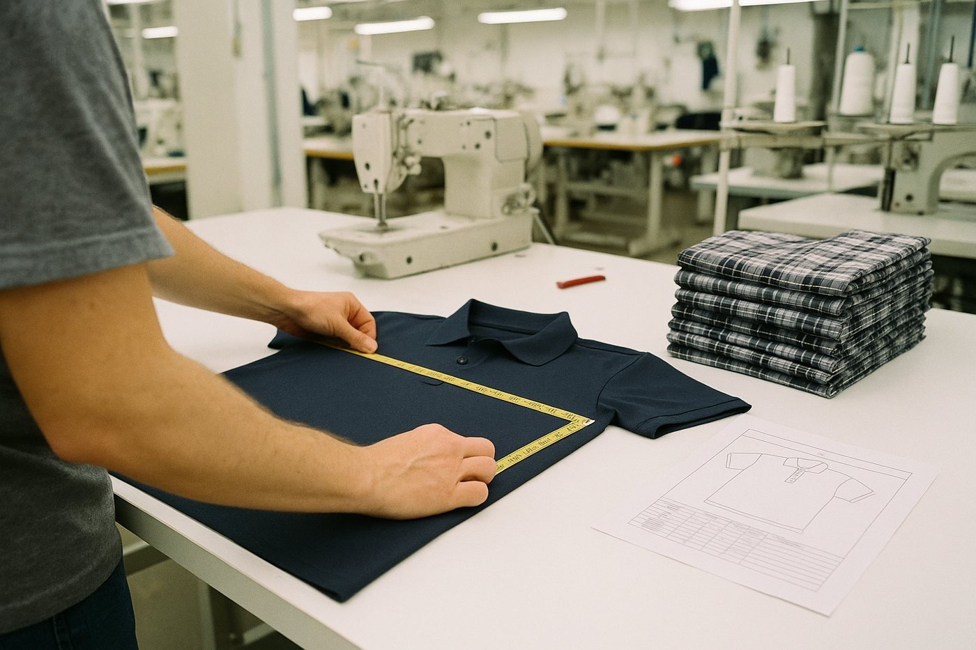 A finished navy polo measured flat with a tape measure against a printed spec sheet