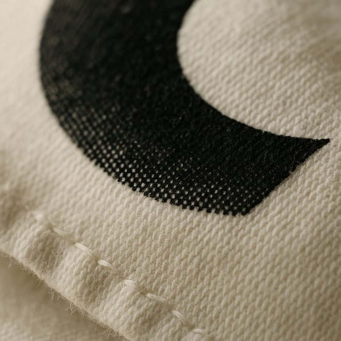Extreme macro of a screen-printed graphic edge on cotton jersey showing ink on the fibres