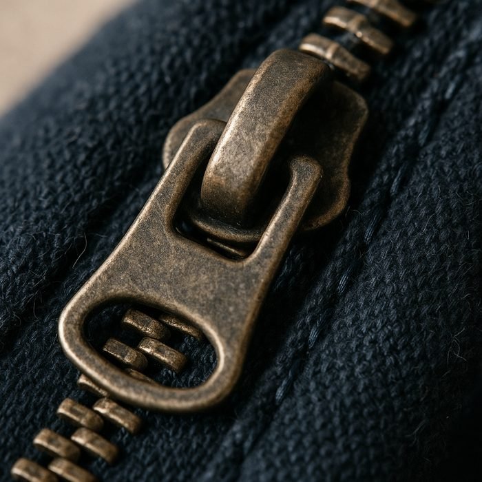 Extreme macro of a metal zipper closed on navy garment fabric with the teeth in focus