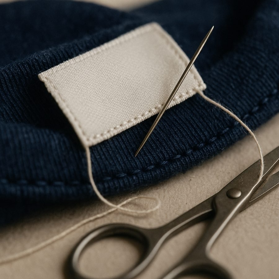 A woven brand label positioned at the inside back neck of a folded garment