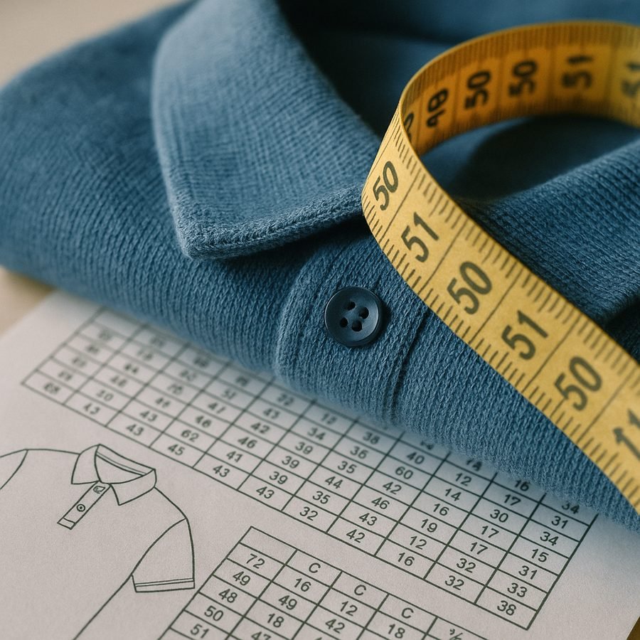 A printed garment tech pack with measurement tables beside a folded sample polo and tape measure